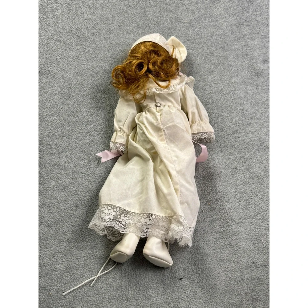 Vintage Musical Porcelain Doll Auburn Hair Lace Dress Bonnet Victorian Style